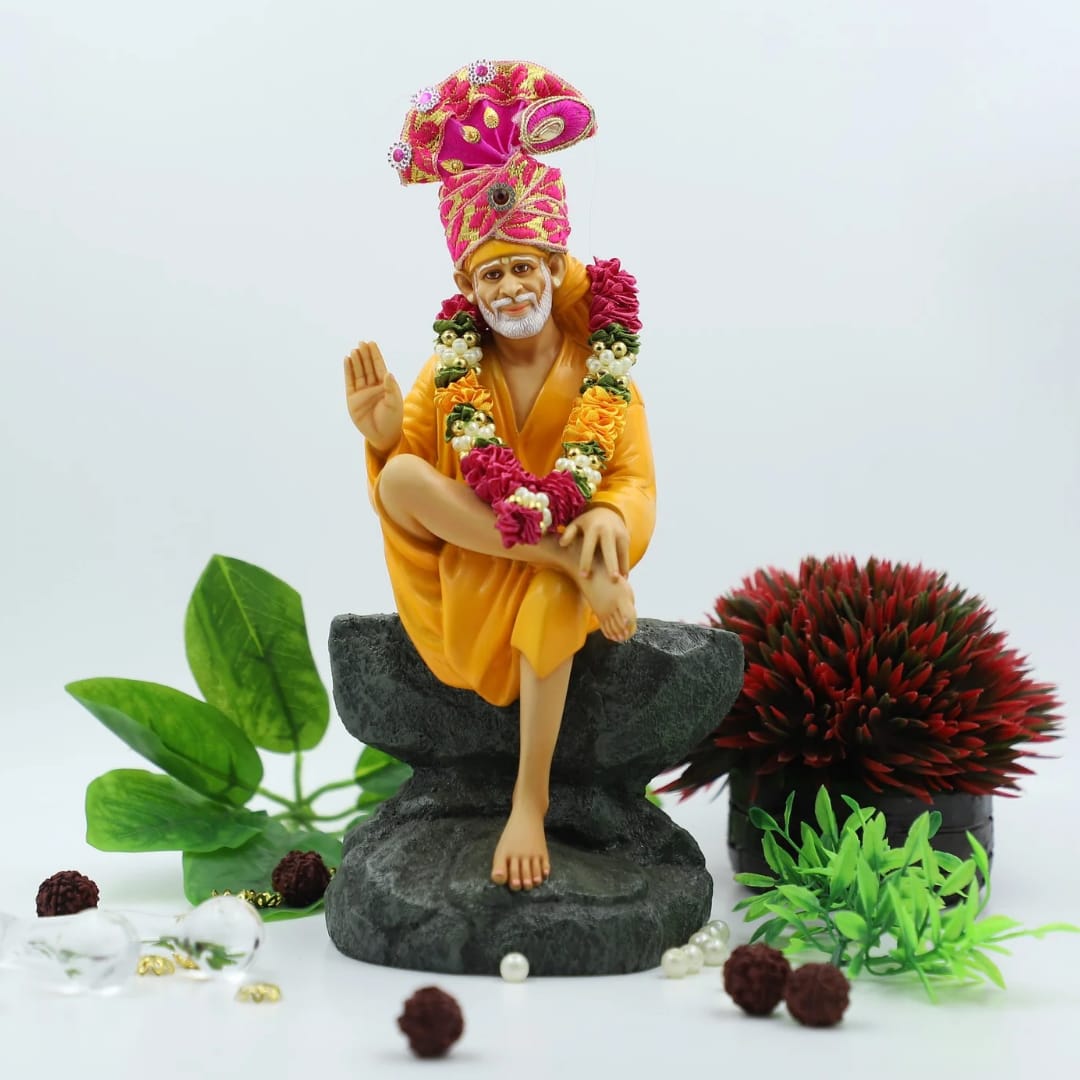 Hemant art Shirdi Sai Baba Idol,Statue,Murti Sitting On Stone - 9 Inche Orange